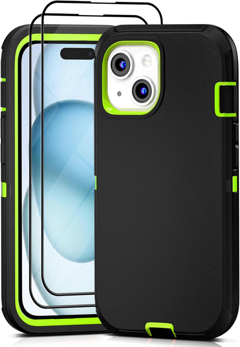 iPhone 15 Case with 2 Pack Screen Protector - Heavy Duty Shockproof Military Grade Drop Protective Full Body Rugged Dust-Proof Cover(Blackgreen).....