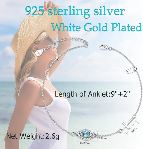 925 Sterling Silver Anklets for Women Evil Eye Cross Adjustable Anklet With Bead Dainty Evil Eye Ankle Bracelets Jewelry Gift...