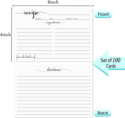 4x6 Recipe Cards Rustic White, Ing Front - From the Kitchen Of 100 Pack Double Sided Recipe Cards Cooking Cardstock with Lines for Weddings, Baby,...