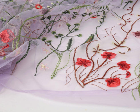 Exquisite Floral Embroidered Lace Fabric Flower Plant Tulle for Sewing Dress Gown Overlay Curtain Embellishment, 60 Inch Wide (2 Yards Precut, Lav...