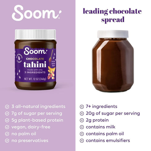 Soom Foods Chocolate Sesame Spread - 12oz (2 Pack) | Made with 3 Ingredients, Low Sugar, Dairy-Free, Nut-Free, Gluten-Free, Palm Oil-Free | 5g Pro...