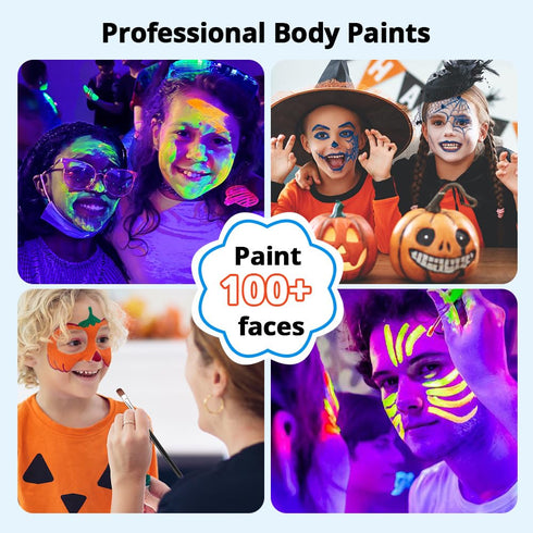 Skymore Glow in The Dark UV Body Paint 15pcs Face Paints for Kids & UV Neon Glow Face Painting Kits with 2 Brushes&Stencils for Halloween and Part...