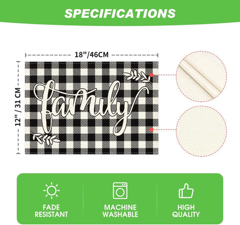 Artoid Mode Love Family Together Home Buffalo Plaid Placemats for Dining Table, 12 x 18 Inch Holiday Vintage Thanksgiving Washable Table Mat Set o...