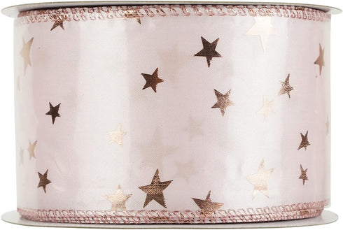 MEEDEE Star Wired Ribbon 2.5 Inch Rose Gold Star Ribbon Pink Ribbon with Stars Satin Wired Ribbon 25 Yards Roll Pink Wedding Ribbon Star Christmas...