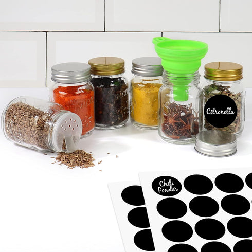CycleMore 15 Pack 4oz Glass Mason Spice Jars, Round Spice Containers with Silver Metal Caps and Pour/Sift Shaker Lids-40pcs Labels,1pcs Silicone C...