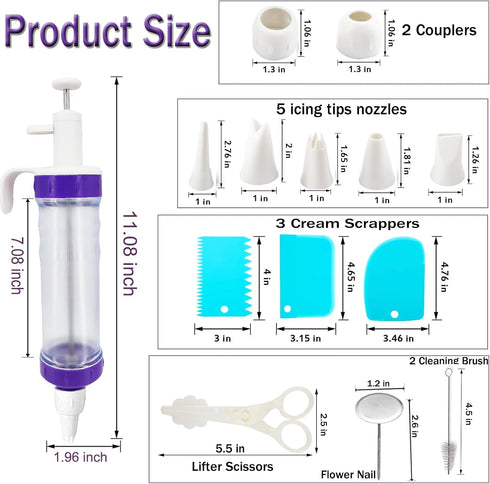 15 Pcs Cake Decorating Baking Syringe Tool Kit, Cupcake Filling Injector with Icing Nozzles Cream Scrapers Nozzle Brush Flower Nail Lifter Scissor...
