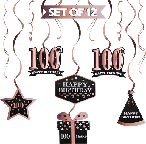 LINGTEER Happy 100th Birthday Decorations - 12 Pcs Birthday Black & Rose Gold Foil Swirls Streamer Set,Cheers to 100 Years Old Bday Party Gift Dec...
