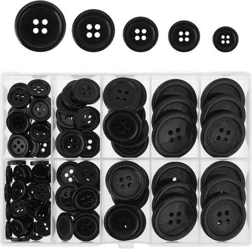 100Pcs Resin Sewing Buttons Premium 4-Hole Craft Buttons Eco-Friendly Round Black Button 5 Sizes Flatback Button for DIY Craft Holiday Decorations...