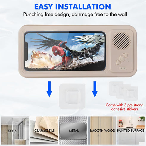 Shower Phone Holder with Wireless Bluetooth Speaker - Waterproof 480 Rotation Viewable Shower Phone Stand Case Mount Speakers for Bathroom Wall Mi...