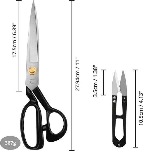 Fabric Tailor Scissors and Thread Snipper – 11 Inch Razor Sharp Stainless Steel for Sewing, Dressmaking & Knitting Needs – Durable Black Shears fo...