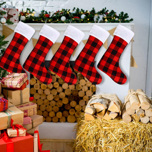 DERAYEE 6 Pack Christmas Stockings Bulk, 18 Inch Large Red Black Buffalo Plaid Fireplace Hanging Stockings for Family Holiday Xmas Party Decoratio...
