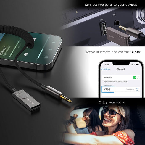 Bluetooth 5.3 to Aux Adapter for Car, Supports 2 Smartphones, USB to 3.5mm Bluetooth Receiver adds Bluetooth to Car, Speaker, and Home Stereo Audi...
