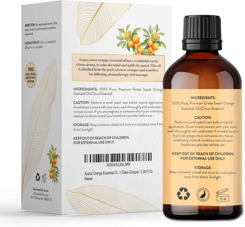 Avatra Orange Essential Oil for Diffuser, Skin, & Aromatherapy | Natural & Undiluted | Cleaning, DIY, Soap & Candle Making | Premium Grade with Gl...