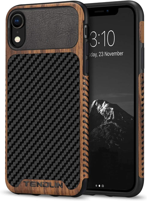 TENDLIN Compatible with iPhone XR Case Wood Grain with Carbon Fiber Texture Design Leather Hybrid Slim Case Compatible with iPhone XR (Carbon & Le...