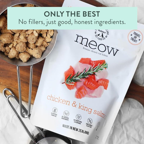 Meow Chicken & King Salmon Freeze Dried Raw Cat Food, Mixer, or Topper, or Treat - High Protein, Natural, Limited Ingredient Recipe 1.76 oz...