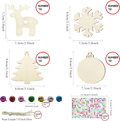 Hidreas 40 Pcs Wooden Ornaments Unfinished Christmas DIY Ornaments Craft Kit, Christmas Wood Ornaments with Bells, Wax Rope and Rhinestone Sticker...