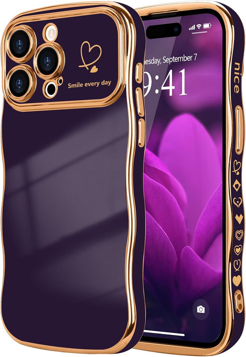 LCHULLE for iPhone 15 Pro Max Case for Women Girls, Cute Wave Frame Curly Shape with Love Heart Raised Camera Protection Cover Luxury Plating Shoc...