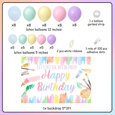 Art Birthday Party Decorations Girl - Pastel Art Balloon Garland Arch Kit with Macaron Art Paint Happy Birthday Backdrop, Art Painting Artist Draw...