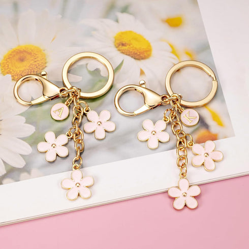 SELOVO Initial Keychain White/Pink Flower Charms for Key Cute Letter Keyring for Handbag Backpack...
