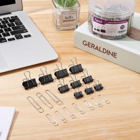Binder Clips Paper Clips, 360 Pcs Binders & Paperclips Assorted Sizes with Container, Silver Paper Clips & Black Binder Clips Office Supplies, Pap...