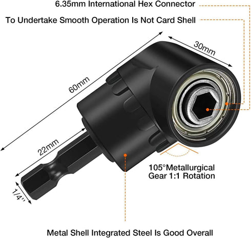 Right Angle Drill Adaptor,4-in-1 Impact Drill Bit Extension,360° Rotatable 1/4 3/8 1/2" Impact Grade Socket Adapter Set,105 Degree Angle Screwdriv...