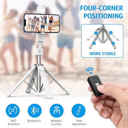 AMIR 40” Selfie Stick Quadrapod, Extendable Selfie Stick with Wireless Bluetooth Remote & Fill Light, 3 Light Modes, 9 Brightness Levels, Compatib...