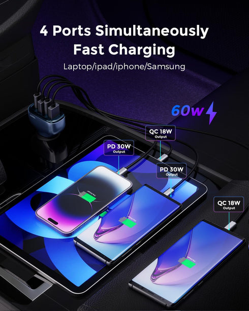 SUNDA 60W USB C Fast Car Charger, 4-Ports Car Charger Adapter, Dual Type C PD30W/PPS30W Compatible with iPhone15/14 Pro/Max/iPhone13/Galaxy/Samsun...