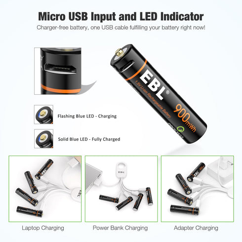 EBL Rechargeable AAA Lithium Batteries 1.5V AAA Battery 900mWh USB Rechargeable Batteries - 4 Pack...
