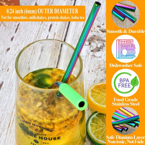 Lazycorner 16 Pcs Metal Straw Reusable 8.5" 10.5" 6mm Stainless Steel Straws for Tumblers 20oz-32oz, Rainbow Drinking Straws with Silicone Tips, 4...
