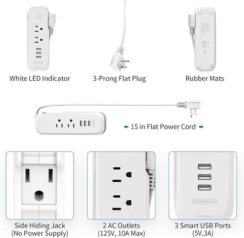 Travel Power Strip with USB - NTONPOWER 2 Outlets 3 USB Portable Desktop Charging Station, 15 inches Wrapped Short Extension Cord for Hotels, Crui...