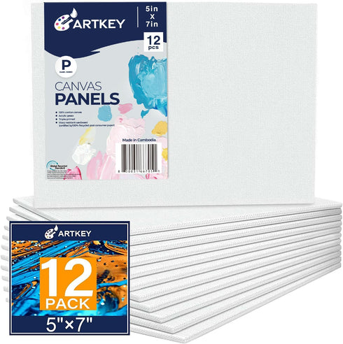 Artkey Canvas Boards 5x7 Inch 12-Pack, 10 oz Primed 100% Cotton White Blank Canvases for Painting, Art Paint Canvas Panels for Acrylic Oil Waterco...