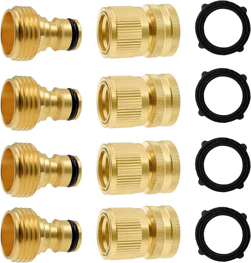 Hourleey Garden Hose Quick Connector, Solid Brass 3/4 Inch GHT Thread Garden Quick Connect Kit, Male and Female No-Leak Water Hose Fittings (4 Set...