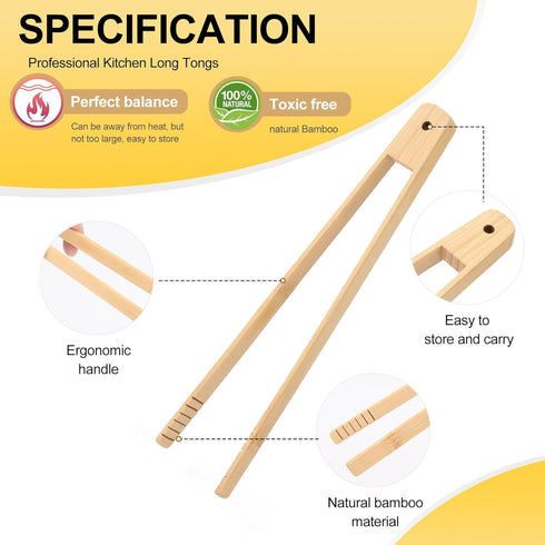 4 Pcs Bamboo Tongs Set: Wooden Tongs for Cooking, 11.8in Kitchen Long Tongs & 9.8in Toaster Tongs, Bamboo Tongs for Kitchen Salad, Bacon, Pickles,...