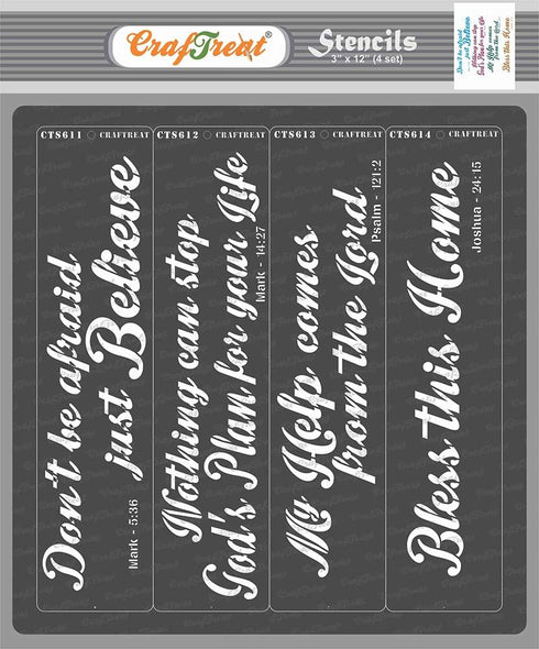 CrafTreat Bible Quote Stencils for Painting on Wood, Canvas, Paper, Fabric, Floor, Wall and Tile - Bible Verses Set - 4 Pcs - 3x12 Inches - Reusab...