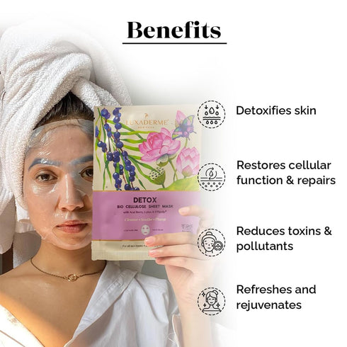LuxaDerme Detox Bio Cellulose Face Mask, Moisturizing and Brightening Skincare Face Mask, Korean Sheet Masks for Glass Skin with Acai Berry, CoQ10...