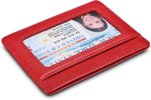 womens Credit Holder Genuine Leather Slim Minimalist Card Case Wallet, Red With Id Window, Classic US...