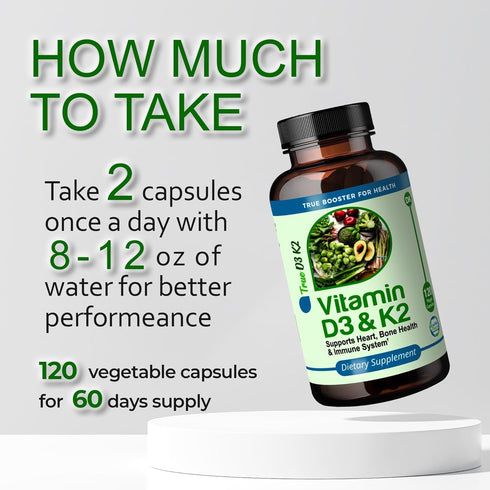 True Booster for Health Vitamin D3 & K2 Capsules - 125mcg D3 (5000 IU) & 90mcg K2 - Heart, Bone, and Immune Support - 120 Vegetarian Capsules - Ea...