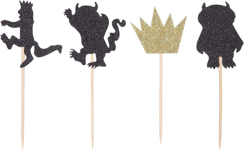 24 Counts Black and Gold Glitter Where the Wild Things Are Inspired Cupcake Toppers Wild One Birthday Party Decorations...