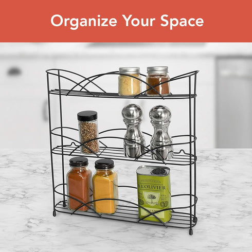 Spectrum Diversified 3-Tier Spice Rack Shelf Organizer for Kitchen Countertop, Pantry, Bathroom, or Closet with Optional Wall Mount, Black...