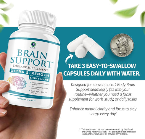 1 Body Brain Supplement – Nootropic Brain Booster with Alpha GPC, Ginkgo & Bacopa – 90 Vegan Capsules – Memory Supplement for Brain Support, Focus...