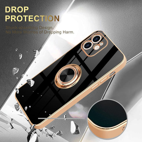for iPhone 12 Phone Case with 360° Rotatable Finger Ring Holder Kickstand Magnetic Shiny Gold Plated Edge for Women Men Shockproof Soft TPU Protec...