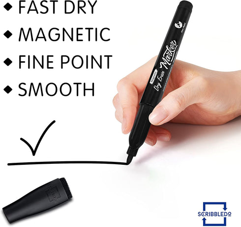 Scribbledo 12 Pack Magnetic Dry Erase Markers Black Fine Tip Whiteboard Markers with Eraser Cap Thin Low Odor Skinny White Board Markers for Adult...