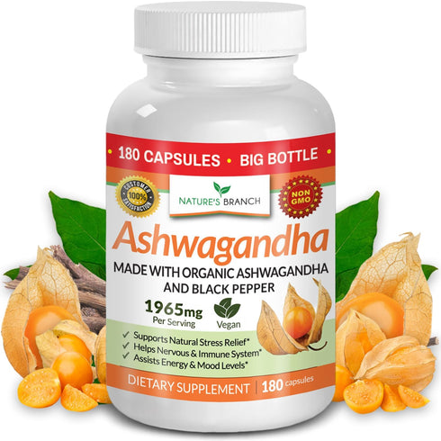 UDAF Certified Organic Ashwagandha with Black Pepper - 180 Capsules - 1965mg Extra Strength for Stress, Sleep, Mood, Thyroid, Focus, Hair, Vegan P...