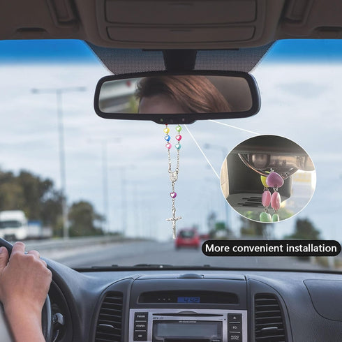 2 Pieces Car Rosary Chroma Love Heart Rearview Mirror Auto Rosary Religious Car Mirror Hanging Accessories Lourdes Med al and Cross for Car Person...
