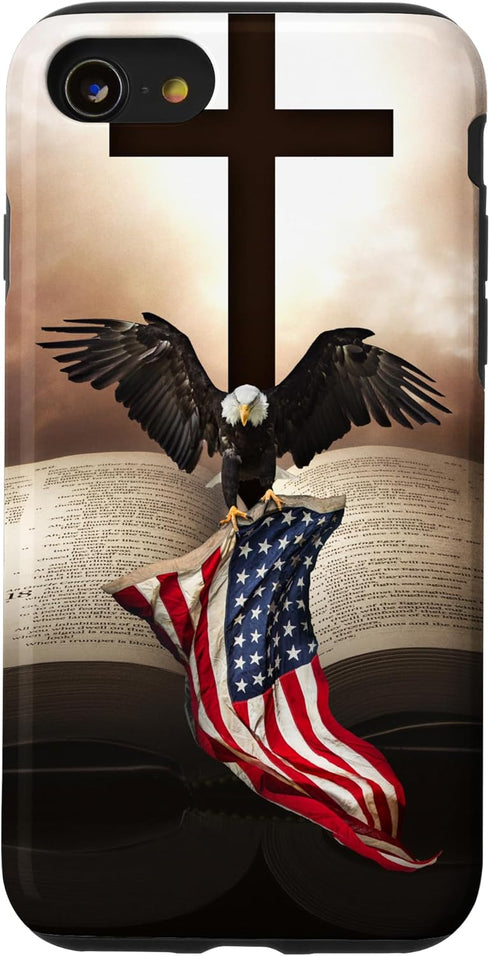 iPhone SE (2020) / 7 / 8 Pretty Christian Cross Bible A Bald Eagle Grip American Flag Case...