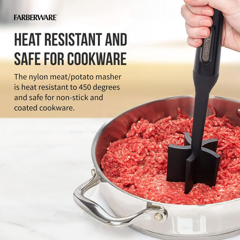 FARBERWARE Nylon Meat & Potato Masher, Heat-Resistant and Safe for Non-Stick Cookware, Durable 10-Inch Kitchen Tool with Ergonomic Handle, Black...