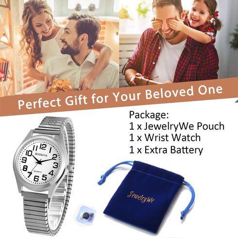 JewelryWe Mens Big Dial Easy Reader Quartz Watch, Gold/Silver Tone Elastic Band Wristwatch for Valentine’s Day...
