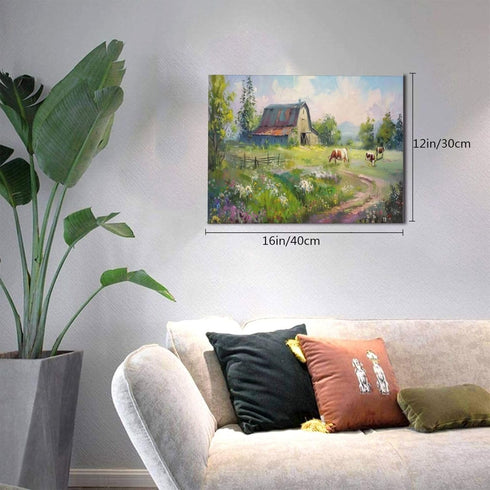 Highland Cow at Old Barn Farm Landscape Canvas Framed Wall Art Wall Decor Farmhouse Country Flower Floral House Prints Painting Picture Artwork fo...
