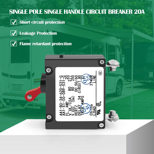 A Series Red Toggle AC/DC Single Pole 20A Boat Magnetic Circuit Breaker - 20 Amp Protects Low Power Devices for Yachts, Motorhomes, Campers and Ca...