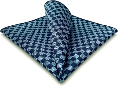 SHLAX&WING Fashion Blue Silk Pocket Square for Men Classic Checks Hanky...